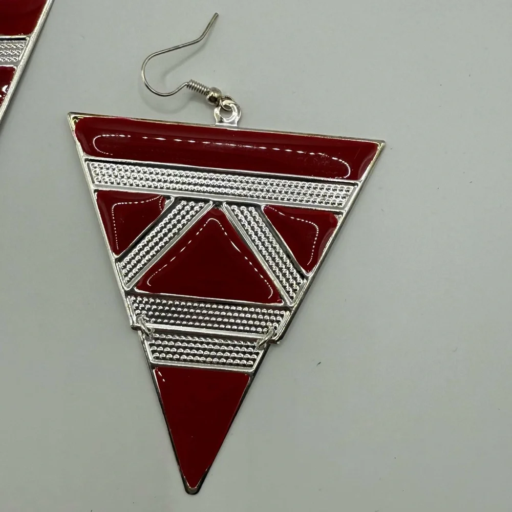 Red Silver Triangle Drop Earrings | Geometric Art Deco Statement